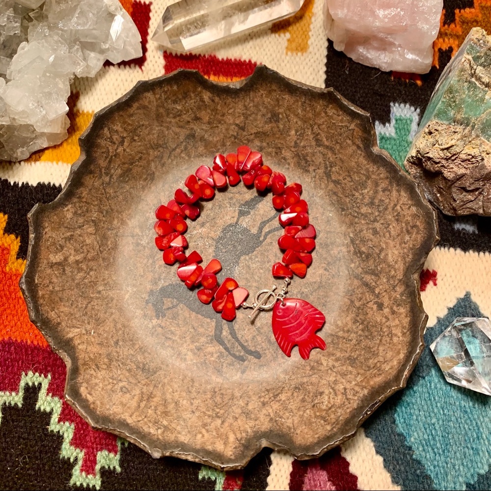 OOAK Red coral teardrops bracelet w/ 🐠 charm